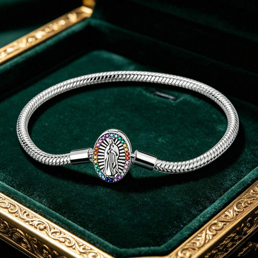 1Pc Silver Color Snake Chain Bracelet With Oval Figure Pattern Multicolor CZ Large Hole Charms For Women Diy Bead Pendant Jewelry Gift Daily Wear - Silver - View 1