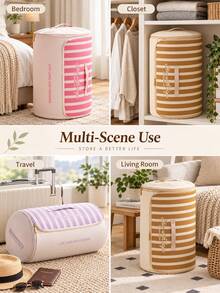 Minimalist, Cylindrical, Compressible Storage Bag Featuring A Striped Print, A Carrying Handle, And A Dual-Zipper Closure. Portable And Space-Saving, It Is Designed For Storing Bedding And Blankets-Perfect For Year-Round Home Use. - Multicolor - View 7