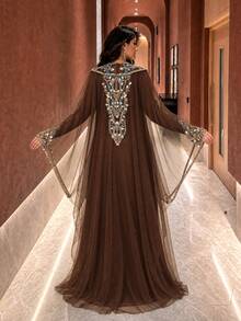 UNITHORSE V-Neck Long Sleeve Sequin Embroidered Knit Dress - Coffee Brown - View 3