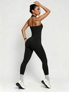 Women's Seamless Halter Neck Tank Top + High Waist Leggings 2pcs Set, Tummy Control & Butt Lift, Suitable For Yoga, Fitness, Workout And Daily Wear - Black - View 4