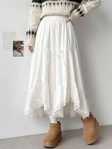Contrast Lace Asymmetrical Hem Bow Decor Skirt - White - View 1