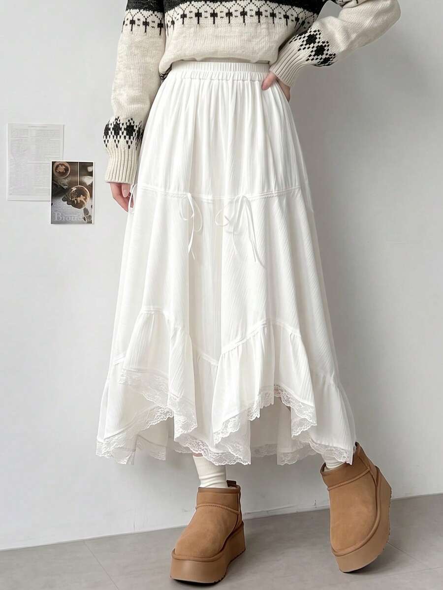 Contrast Lace Asymmetrical Hem Bow Decor Skirt - White - View 1