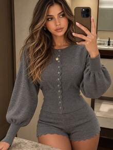 Apperloth A Set Rajut Elegan 2 Potong, Sweater Leher Bulat Kancing Depan, Kardigan Atasan Lengan Panjang Berpinggiran Ketat & Celana Pendek Mini Berpinggiran Bergelombang, Pakaian Kasual Sehari-hari Musim Gugur untuk Wanita - Dark Grey - View 1