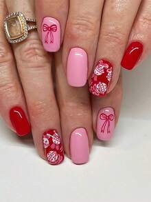 24pcs Square Press On Fake Nails Red And Pink Medium Long Nail Bow Print Nails Christmas Nails - Multicolor - View 1