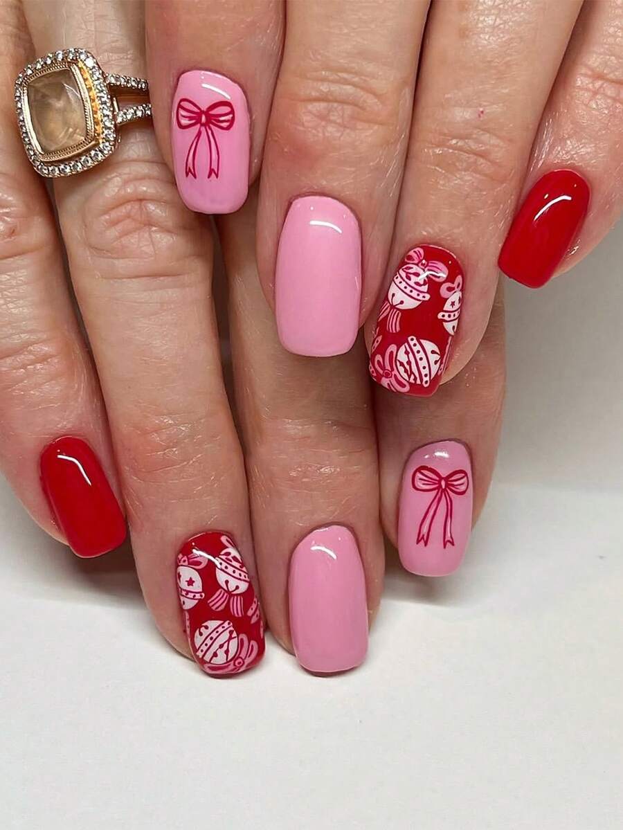 24pcs Square Press On Fake Nails Red And Pink Medium Long Nail Bow Print Nails Christmas Nails - Multicolor - View 1