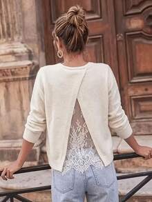 New Women's Back Split Contrast Lace Knit Top, Soft Long Sleeve Crew Neck Pullover Sweater, Elegant Base Layer - Apricot - View 3