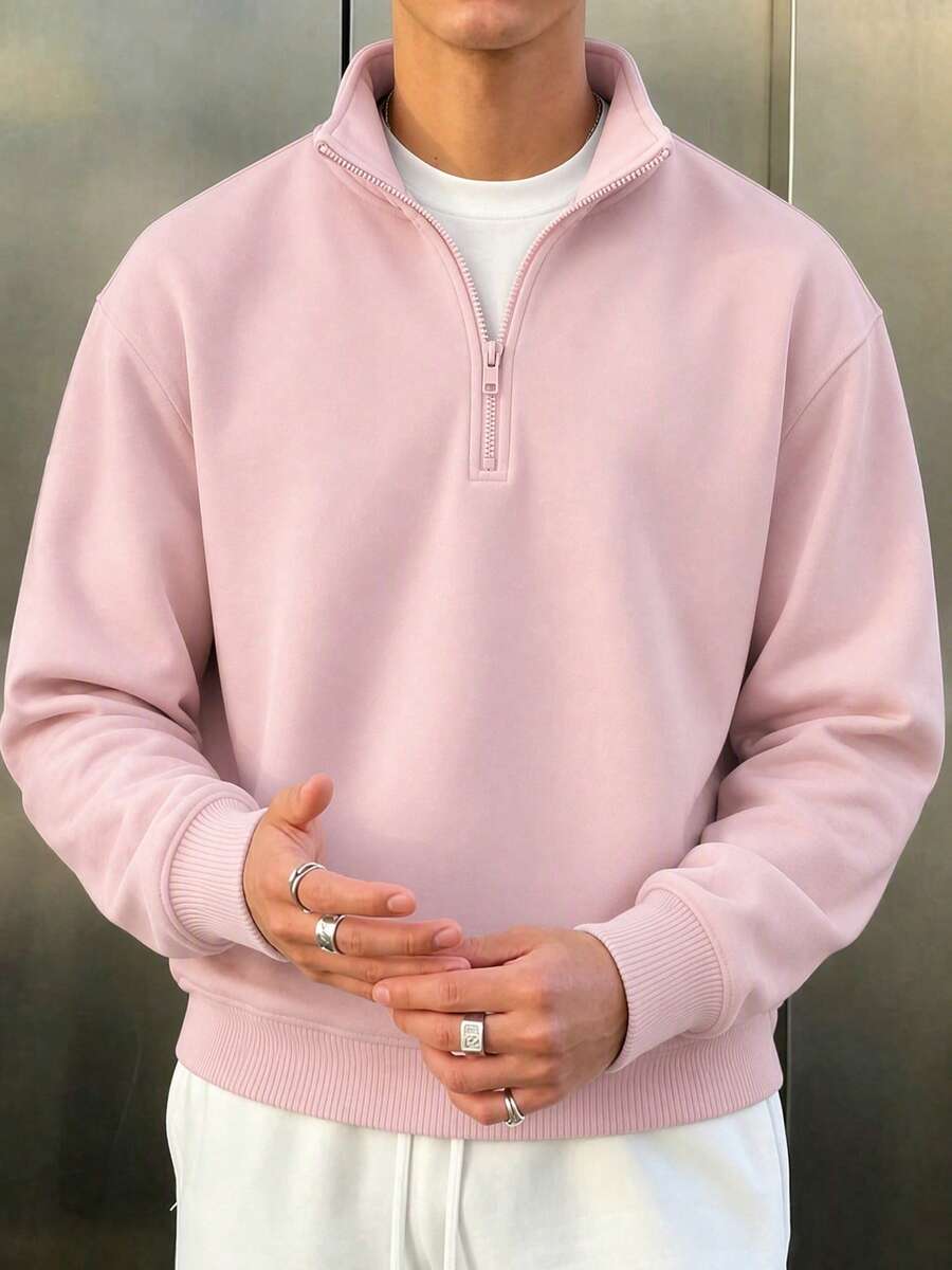 Autumn/Winter Hot New Men's Fashion Streetwear Minimalist Printed Zip-Up Pullover Pullover Sweatshirt - Pink - View 1