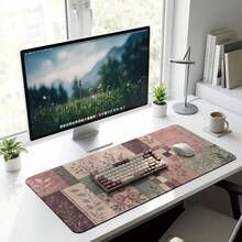 Grey Rose Patchwork Extended Mouse Pad, Cozy Quilted Garden Style Desk Mat, Soft Floral Pattern Computer Pad, Wide Keyboard Mat, Suitable For Country Style Office, Dorm, Laptop Setup, Handmade Decor, Gift, Non-Slip Rubber Bottom - View 11