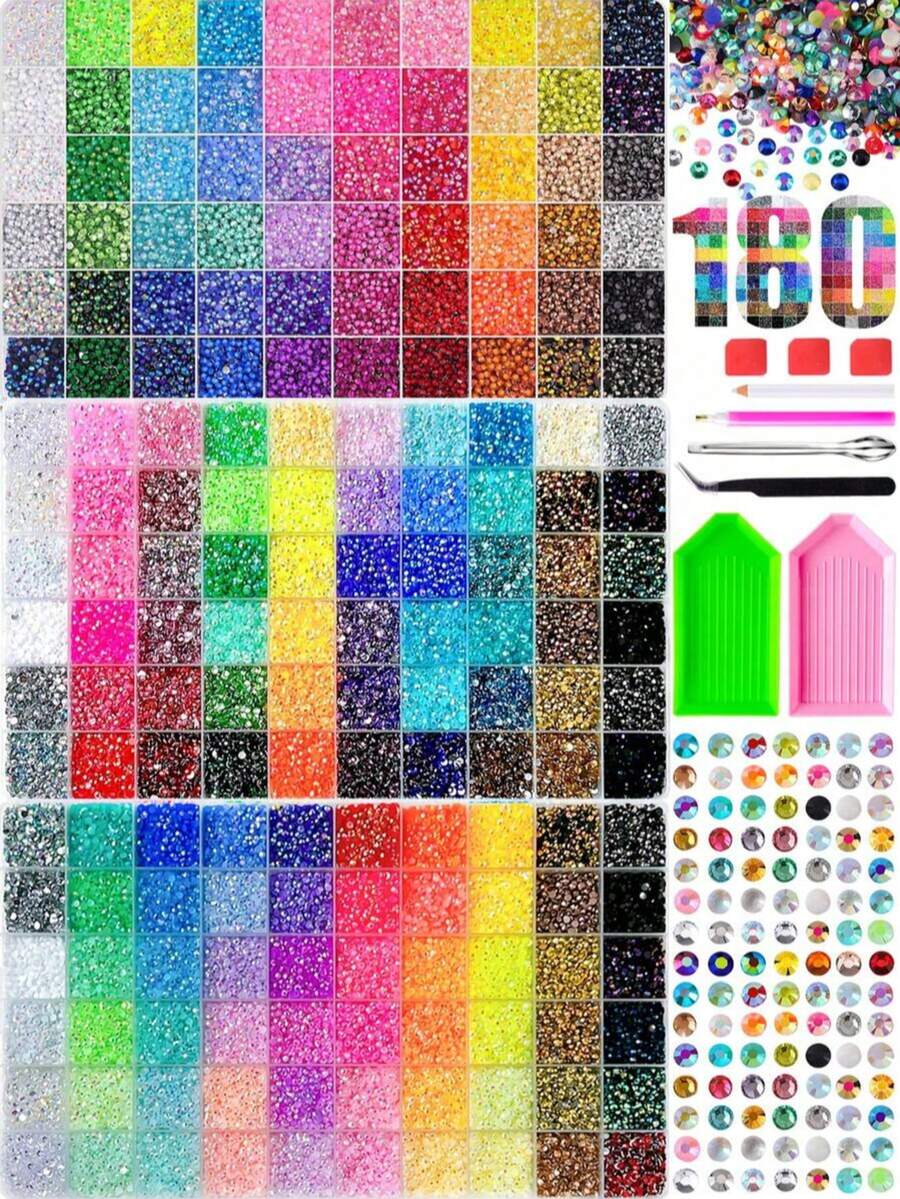 3 Boxes 180-Grid Resin Rhinestone Set, Vibrant Multi-Color Shiny Resin Rhinestone Nail Art Gems, Includes Pickup Pen Tool Spoon, Suitable For DIY Nail Art,Shoes, Water Bottles & Phone Case Decor - Multi-color - View 1