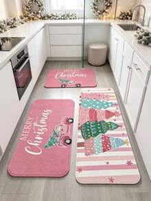 1PC Pink Christmas Bus Christmas Tree Holiday Kitchen Rug, Kitchen Mat, Kitchen Carpet, Door Mat, Small Rug, Carpet, Runner Rug, Floor Mat, Home Decor, Area Rug, Outdoor Mat, Home Decor, Area Carpet, Bedroom Carpet, Washable Carpet - A - View 3