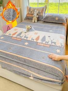 1pc Thick Soft Breathable Snowflake Flannel Printed Fitted Mattress Cover (Single Fitted Sheet), Hemmed Craftsmanship, Instant Warmth, Moisture-Wicking And Breathable, 360° Non-Slip Mattress Cover, Easy To Remove And Machine Washable, Suitable For All Seasons, Height 30cm, Suitable For Bedroom Decoration - Forest Deer - View 2