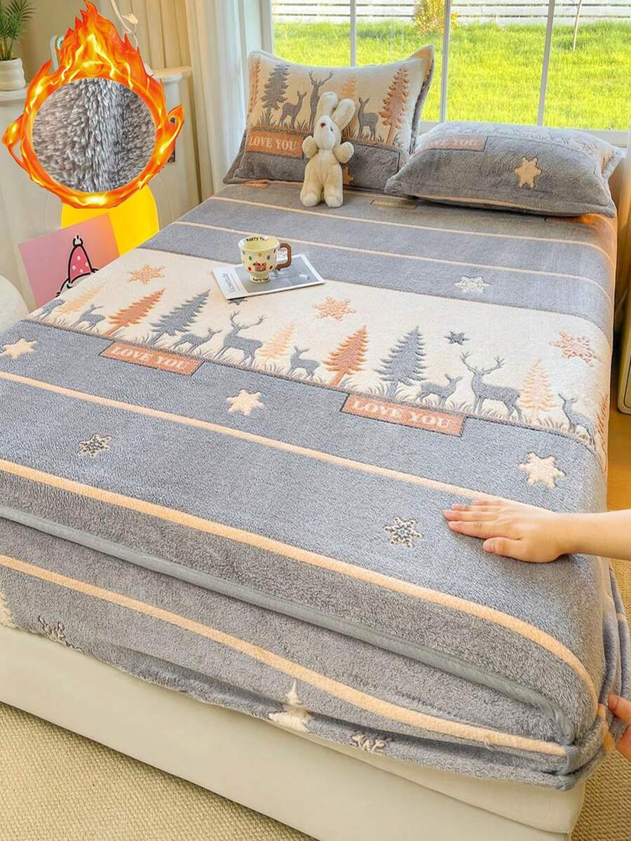 1pc Thick Soft Breathable Snowflake Flannel Printed Fitted Mattress Cover (Single Fitted Sheet), Hemmed Craftsmanship, Instant Warmth, Moisture-Wicking And Breathable, 360° Non-Slip Mattress Cover, Easy To Remove And Machine Washable, Suitable For All Seasons, Height 30cm, Suitable For Bedroom Decoration