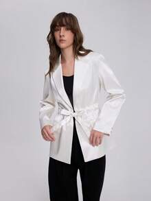 Women's Vintage Old Money Style Long Sleeve Lapel Silk Texture Blazer Jacket - Beige - View 7