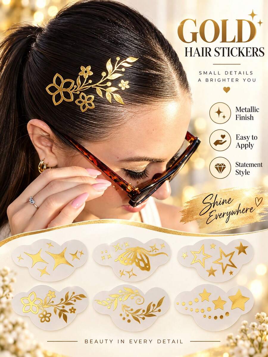 6 Lembar Stiker Tato Rambut Emas Berkilau Tato Kilat dengan Pola Bintang, Bunga, dan Kupu-kupu Bintik-bintik Berkilau Lucu Riasan Y2K untuk Pesta Rave, Pertunjukan, dan Festival Musik - Hitam - View 1