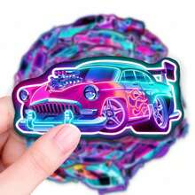 50pcs Neon Cyber Racing Car PET Stickers, Suitable For Laptop, Water Bottle, Luggage, Helmet, Notebook And Other DIY Creative Toys - Multicolor - View 7