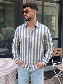 Men's Casual Street Style Blue & White Wide Striped Long Sleeve Shirt, Suitable For Spring & Autumn Wear, Gift For Boyfriend - Multicolor - View 2