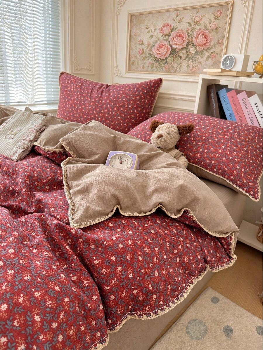 Shell Triangle Lace Design 4-Piece Duvet Cover Set, Soft And Comfortable Bedroom Bedding, Lace Design With Cute Floral Pattern, Breathable And Soft All-Season Bedding Set, Includes 1 Duvet Cover, 1 Bed Sheet, 2 Pillowcases, No Filling, Suitable For Bedroom, Dormitory, Home Use, Multiple Size Options - Redwood - View 1