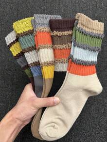 5 Pairs Women Loose Socks, Autumn/Winter Striped Mid-Calf Socks, Retro Rainbow Color Long Socks, Loose Cuff Comfortable Knit Socks, Cute Layered Socks, Ruffle Socks, Warm Winter Socks, Ruffle Hem Socks - Multicolor - View 1