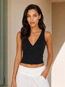 Dancing Leopard Black Sleeveless Plunge Crop Top, Everyday Weekend Wear - Black - View 1