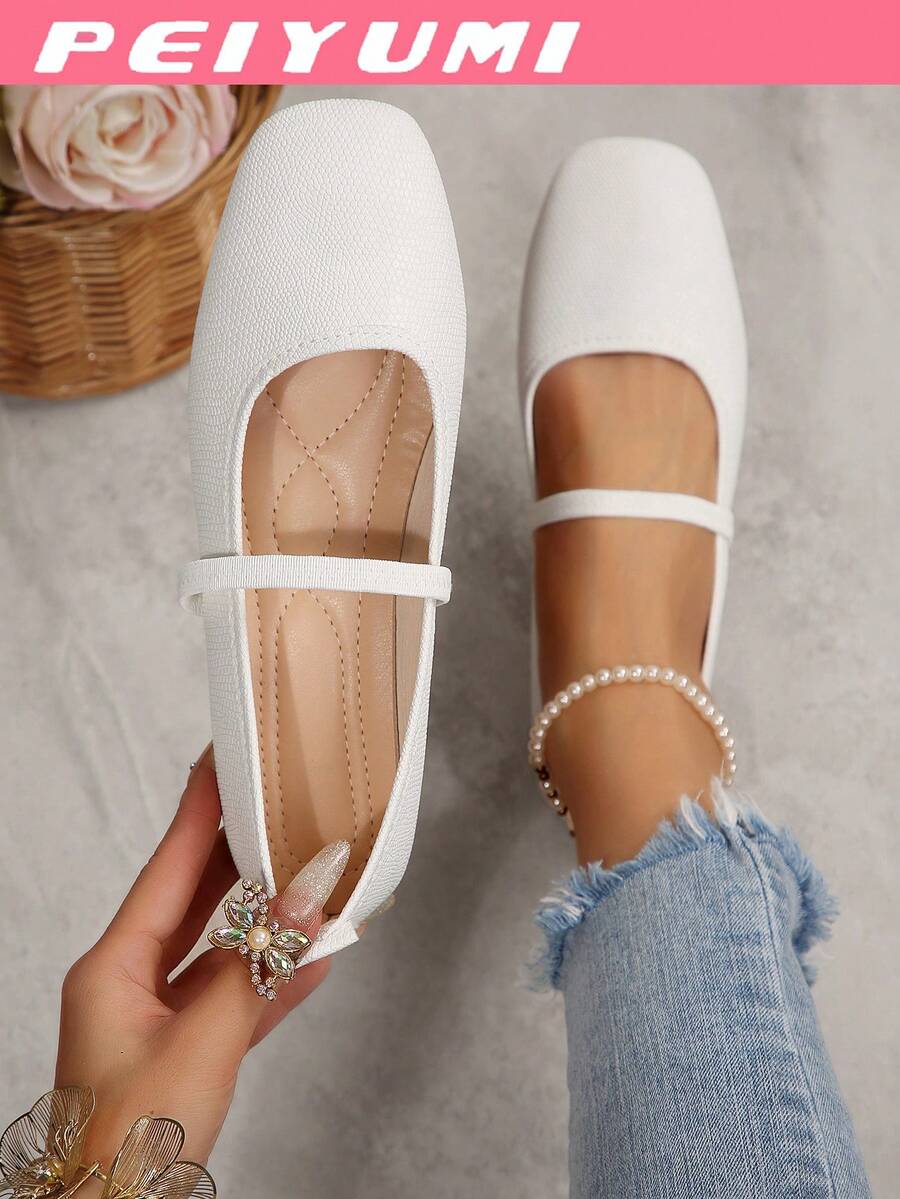 PEIYUMI Autumn Square Toe Mary Jane Flats, Black Crocodile Embossed Soft PU, Comfortable And Soft, Suitable For Daily Commute, Versatile - White - View 1