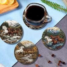 Galloping Horse Landscape Round Coaster Set, Vintage Oil Painting Style Heat-Resistant Coasters, Desktop Decor, Suitable For Home Kitchen Dining Table Party, Non-Slip Coasters Creative Gift, Desktop Artwork - PET Coaster LDX2858 - View 3