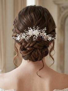 1pc Ceramic Flower Rhinestone Faux Pearl Decorated Elegant Hair Comb, Suitable For Bride Wedding, Daily Party Outfit, Banquet And Other Women's Hair Accessories - Gold - View 1