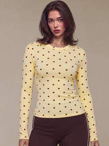 Women's Round Neck Long Sleeve Polka Dot Print Fitted Short Basic T-Shirt, Autumn Casual Y2K Style Undershirt - Yellow - View 8