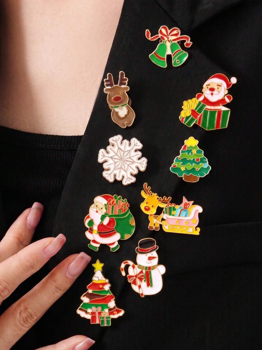 1 Set Christmas Santa Claus Snowman Christmas Tree Wreath Bell Gingerbread Man Reindeer Brooch Family Gift - Multicolor - View 1
