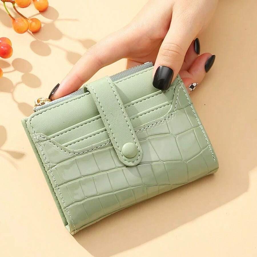 Women's Crocodile Embossed PU Short Wallet, Snap Button Multi-Card Slot Coin Purse, Portable Foldable Zipper Pocket Small Wallet, Fashionable Women's Card Holder - Multicolor - View 1