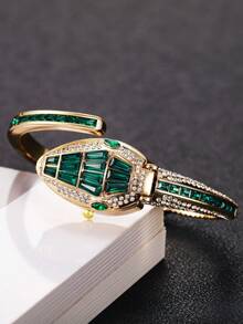Women's Fashion Personalized Snake-Shaped Open Cuff Bracelet Watch, Exquisite Alloy Rhinestone Niche Luxury Quartz Wristwatch, Gift For Girlfriend (1pc/Set) Watch Box Not Included - Gold - View 8