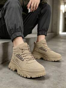Men High-Top Leather Riding Boots - Khaki - View 1