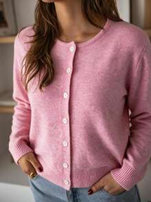 Plus Size Women's Casual Versatile Rose Pink Solid Color Knit Cardigan, Autumn/Winter - Pink - View 4