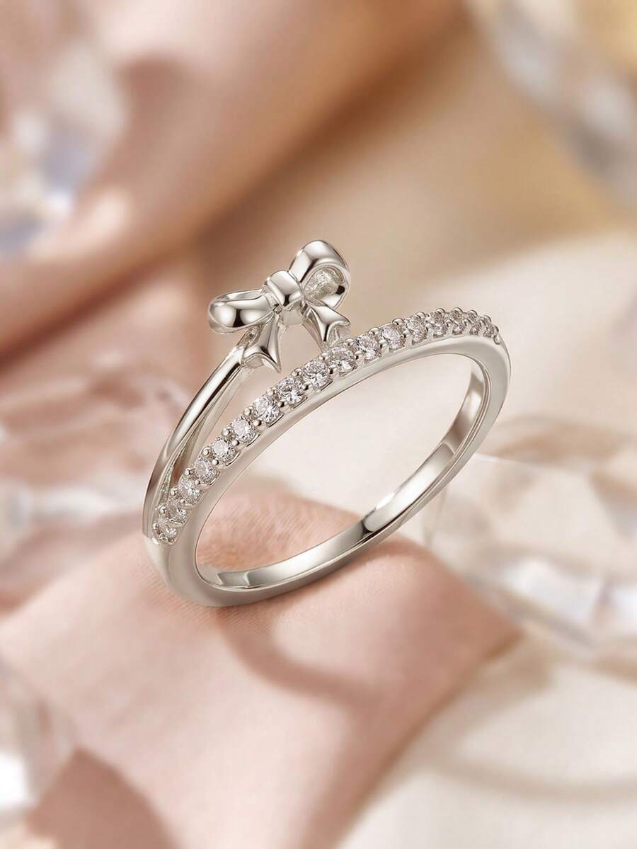 1pc Silver Cute Bow Ring, Shiny Cubic Zirconia Perfect Romantic Gift, Suitable For Her As Wedding Or Date Night Accessory - Silver - View 1