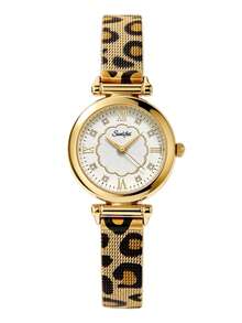 1pc Vintage Round Quartz Watch For Women, Featuring A Golden Alloy Case, White Patterned Dial, And An Elegant Leopard-Print Metal Mesh Strap - White - View 7
