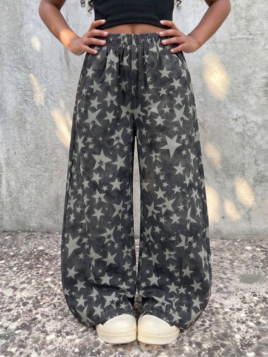 1pc Tween Girl Teen American Retro Star Print Wide Leg Cargo Pants Spring Autumn - Multicolor - View 1