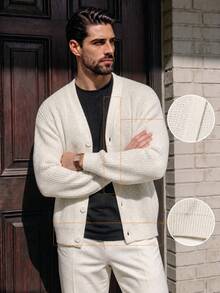 Men's Cardigan, Daily Commute Casual Streetwear Versatile Solid Color Minimalist Retro Japanese Korean Style Long Sleeve Loose V-Neck Button Up Sweater, Autumn/Winter - Beige - View 2
