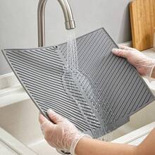 1pc Kitchen Countertop Silicone Drain Mat Coaster, Built-In Drainage Edge And Hanging Hole, Quick Dry Heat Resistant Non-Slip, Easy To Clean, Suitable For Tableware, Bar Counter And Sink Drainage. Kitchen Accessories, Kitchen Decor Essential, Tableware Drying Mat, Kitchen Drying Mat. - Grey - View 7