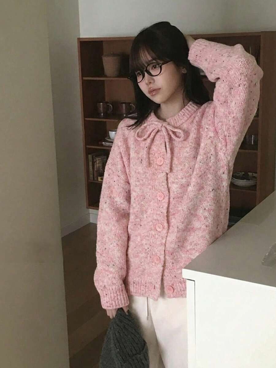 Korean Style Soft Aesthetic Multicolor Spotted Knit Cardigan, Round Neck With Bowknot, Loose Fit, Dropped Shoulder, Pink - Pink - View 1