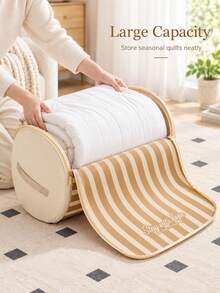Minimalist, Cylindrical, Compressible Storage Bag Featuring A Striped Print, A Carrying Handle, And A Dual-Zipper Closure. Portable And Space-Saving, It Is Designed For Storing Bedding And Blankets-Perfect For Year-Round Home Use. - Multicolor - View 8