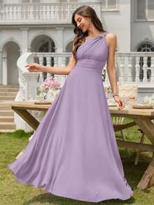 Volly Toych Gaun Bridesmaid Formal Panjang Elegan Berbahan Chiffon dengan Detail Kerut Satu Bahu Warna Abu-abu Muda-Ungu, Cocok untuk Tamu Pernikahan - Dusty Purple - View 6