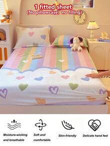 Thickened Snowflake Fleece Single Fitted Sheet (Pillowcase Not Included), Autumn/Winter Cartoon Print Non-Slip Mattress Protector, Snowflake Fleece Fabric, Soft And Warm, Elastic Band Design, Suitable For Bedroom Decor, Hotel And Dormitory Decor - Heart to Heart - View 7