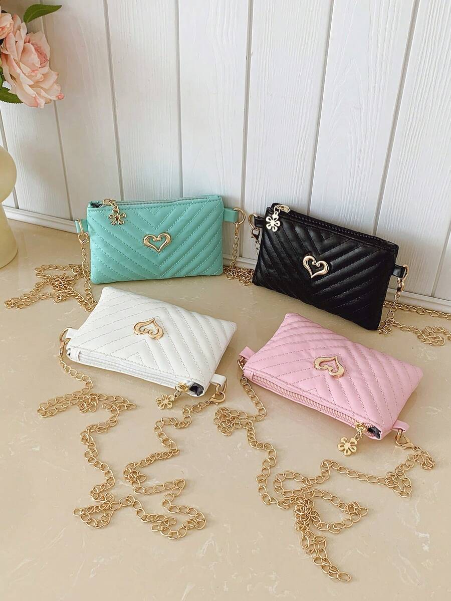 Girls Sweet Heart Metal Decor Shoulder Bag V-Quilted Mini Crossbody Bag Gold Chain Coin Purse Kids Outing Accessory Bag - A - View 1
