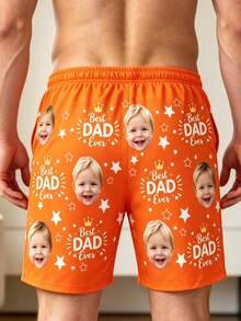1pc Men's Customized Face Pattern & "Best Dad Ever" Print Black Casual Shorts, Personalized Comfortable Shorts, Father's Day Gift Holiday Present - Orange - View 9