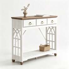 Mesa de consola de 43 pulgadas con 3 cajones, mesa de entrada de granja con estante inferior y patas de madera maciza, diseño estrecho rústico de estilo clásico, base blanca y superficie de madera natural, para entrada, pasillo, sala de estar y mesa de sofá - Blanco - Ver 1