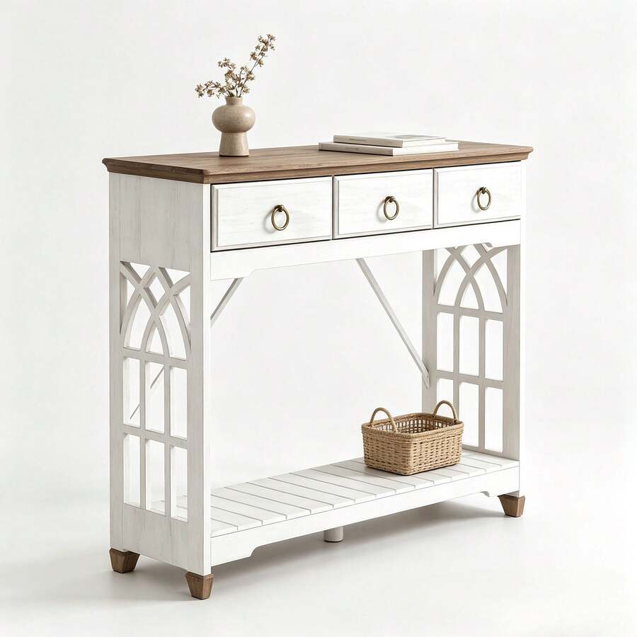Mesa de consola de 43 pulgadas con 3 cajones, mesa de entrada de granja con estante inferior y patas de madera maciza, diseño estrecho rústico de estilo clásico, base blanca y superficie de madera natural, para entrada, pasillo, sala de estar y mesa de sofá - Blanco - Ver 1