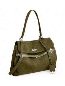 Fashionable Retro Large Capacity Shoulder Tote Bag With Buckle, Expandable Sides, Decorative Pendant, Suitable For Commuting - Army Green - View 2