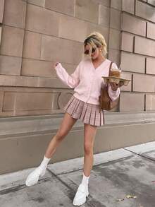Áo cardigan len đan màu hồng cho mùa Thu/Đông, cổ chữ V, viền ren, áo len basic - Hồng - Xem 5