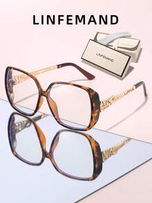 LINFEMAND 1 Pair Women's Oversized Gradient Non-Prescription Glasses, Hollow Metal Temple Design, Face-Flattering Small-Face Effect, Fashionable Contrast Color Frame, Daily Commute Office Wear, Versatile Decorative Eyewear - Clear - View 6