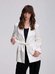 Women's Vintage Old Money Style Long Sleeve Lapel Silk Texture Blazer Jacket - Beige - View 3