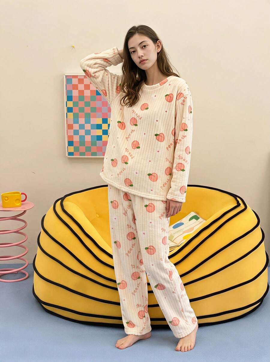 Joivida 2pcs Winter Coral Fleece Top & Pants Fluffy Pajama Set, Warm Sleepwear Set, Fresh Fruit Print Lounge Set, Two Pieces Set, Fall Winter Clothes, Cozy